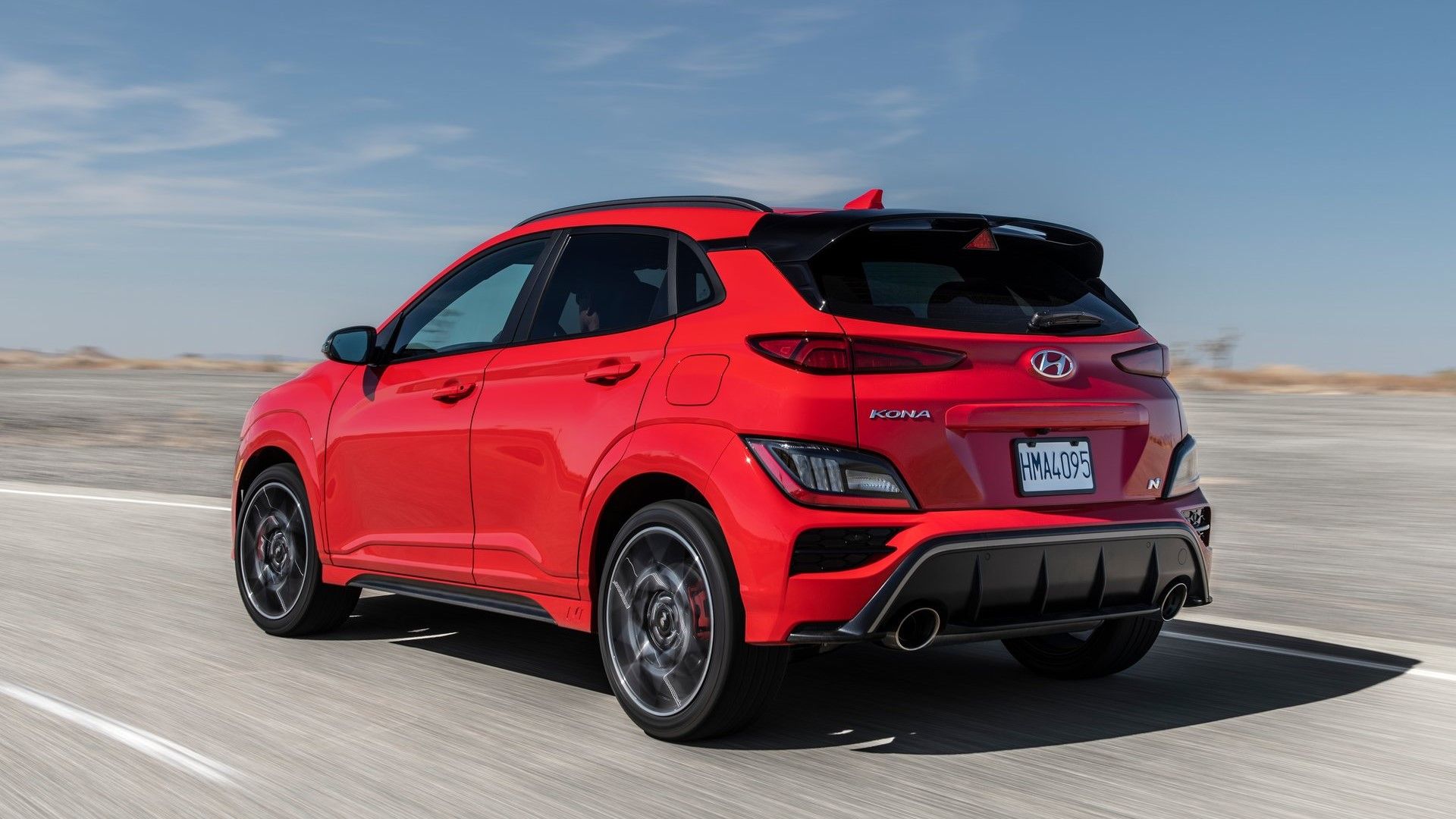 Rear 3/4 action shot of a 2022 Hyundai Kona N