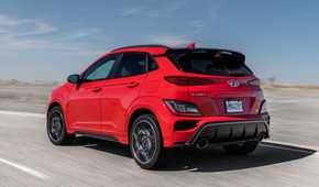 Rear 3/4 action shot of a 2022 Hyundai Kona N