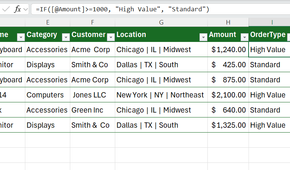 IF used in Excel to return 'High value' or 'Standard' according to a value in the Amount column in the corresponding row.