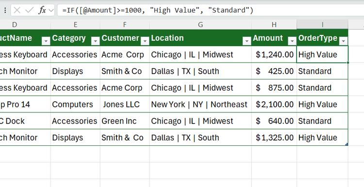 IF used in Excel to return 'High value' or 'Standard' according to a value in the Amount column in the corresponding row.