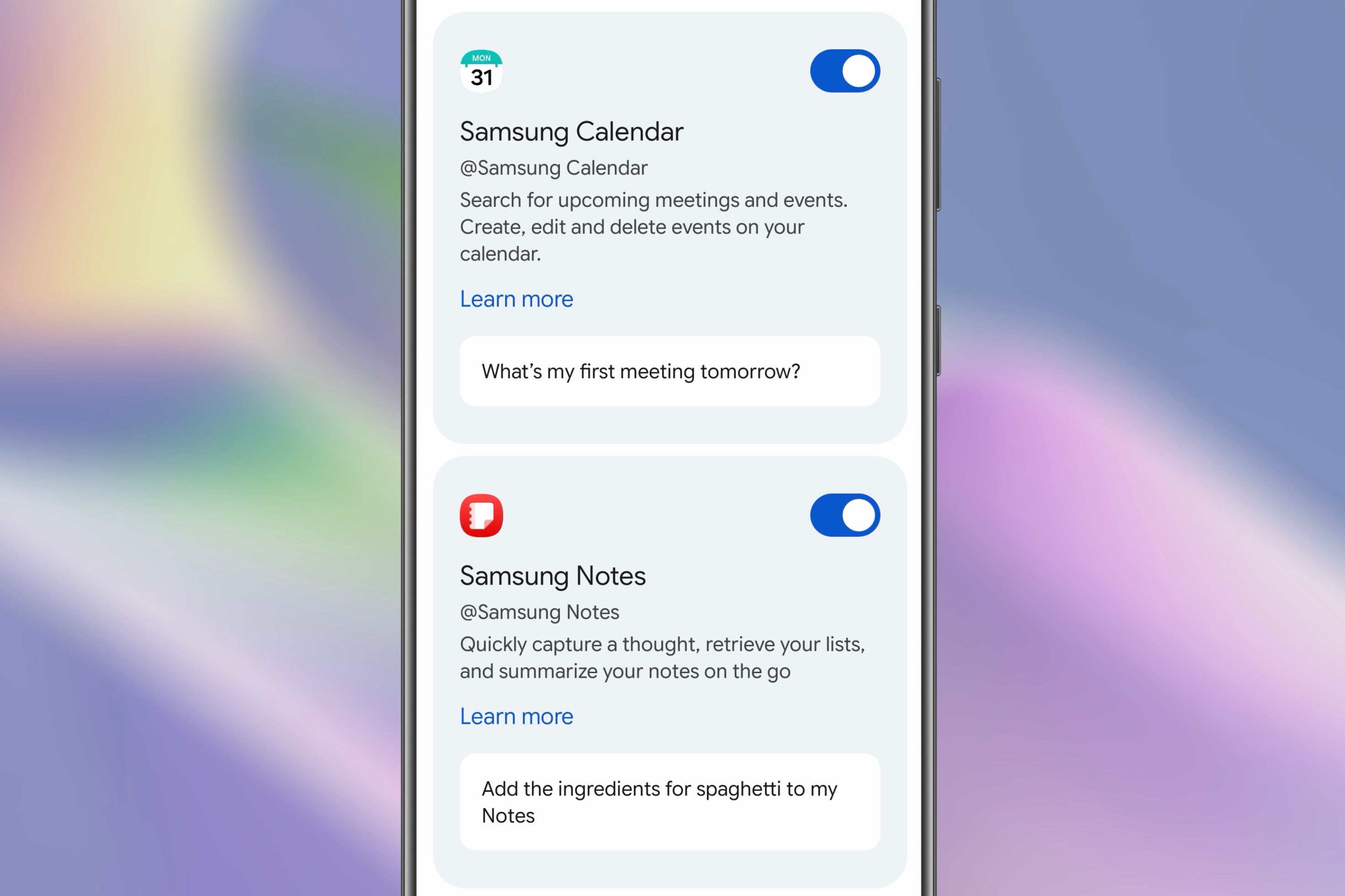 Samsung apps that are compatible with the Gemini Connected Apps feature on an Android device.