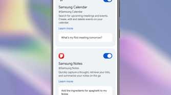 Samsung apps that are compatible with the Gemini Connected Apps feature on an Android device.