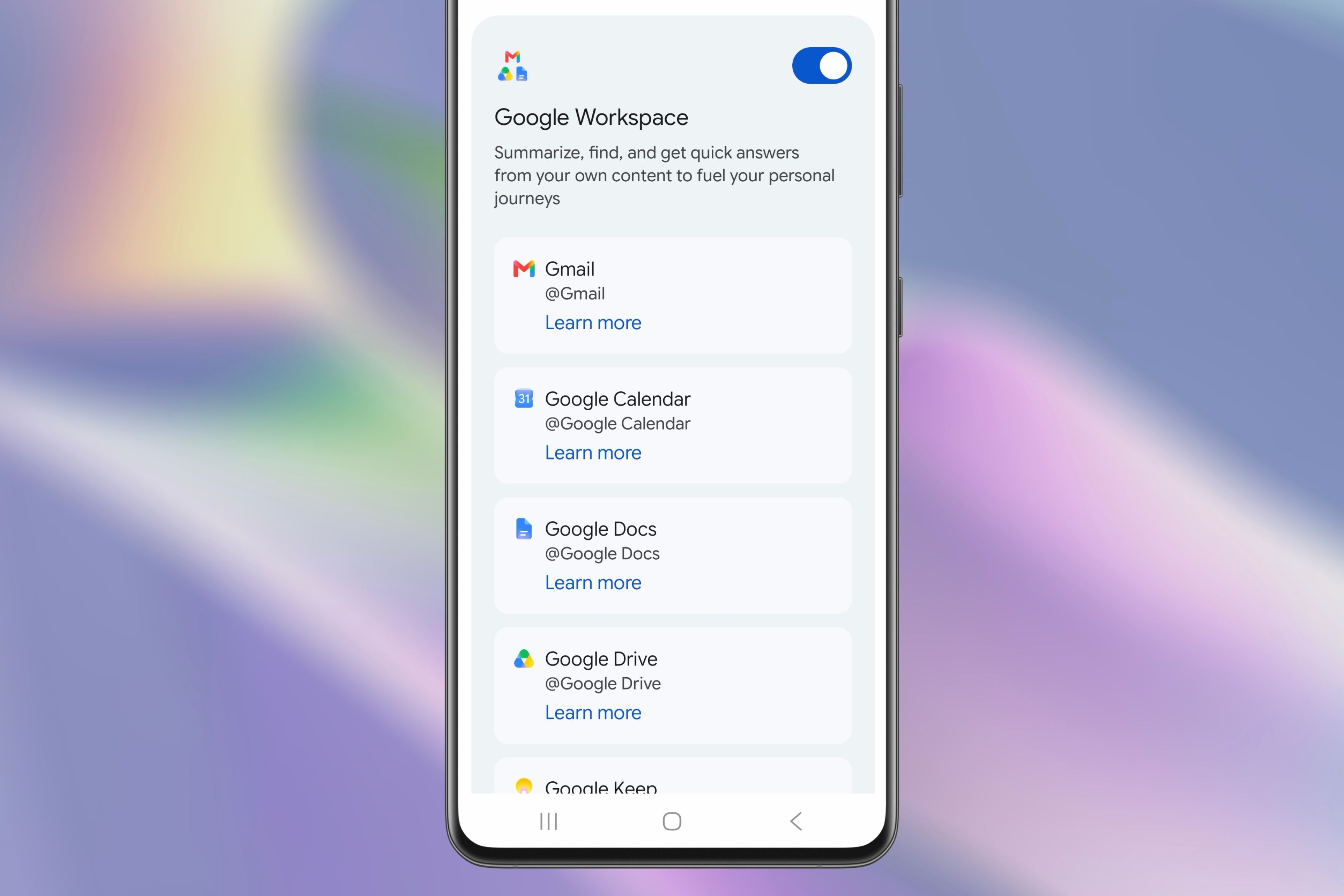Google Workspace apps that work with Gemini Connected Apps on an Android device.