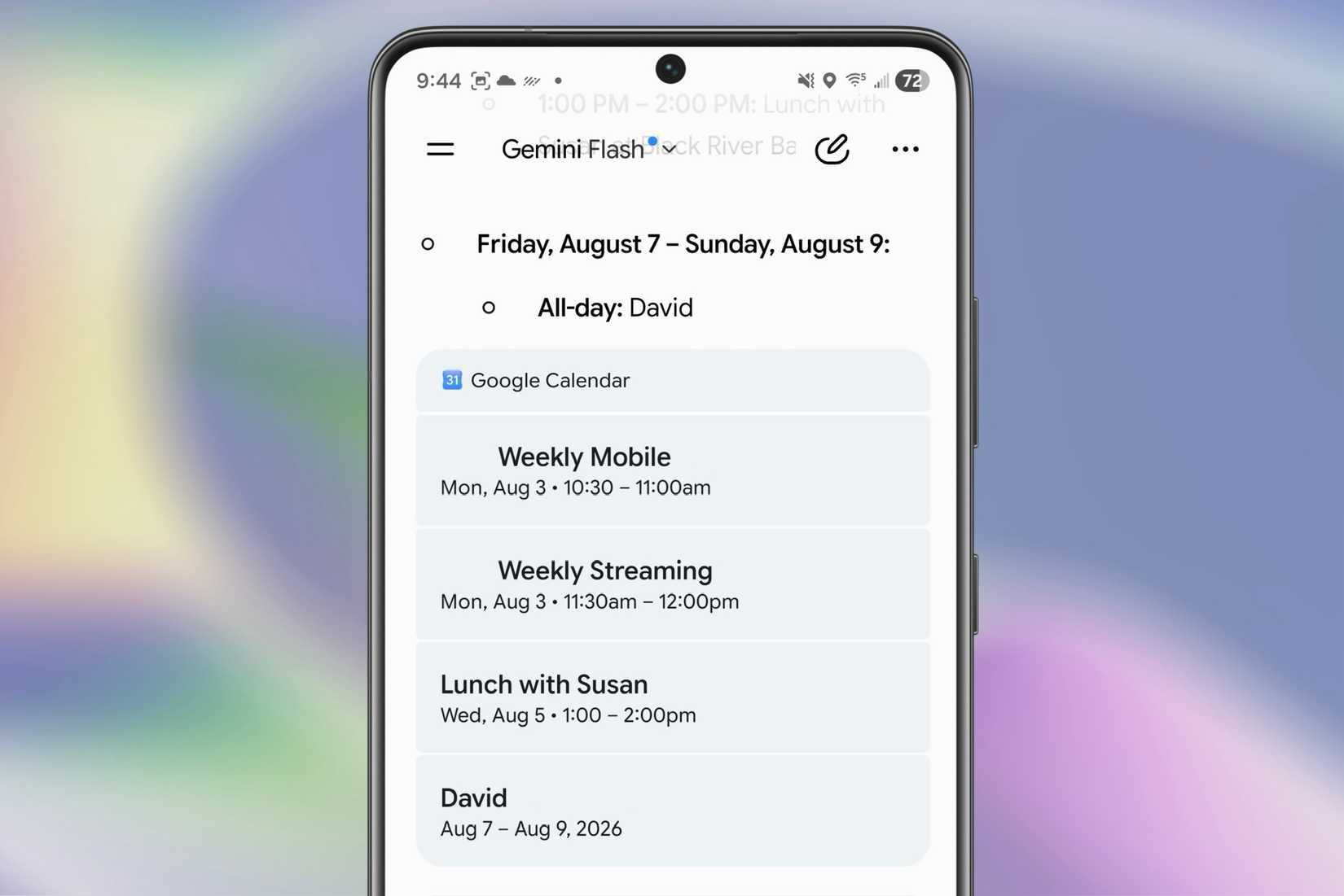 Google Calendar events showing in the Gemini app on an Android device.