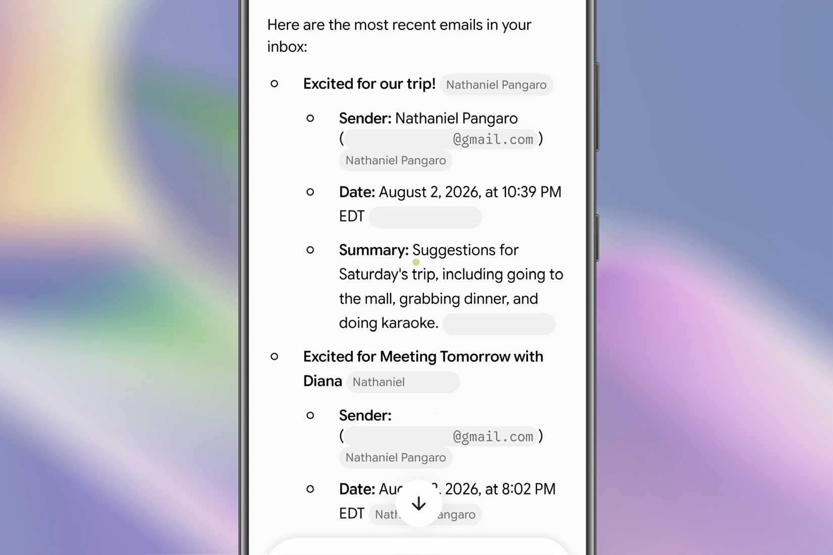 Gmail inbox shown in the Gemini app on an Android device.