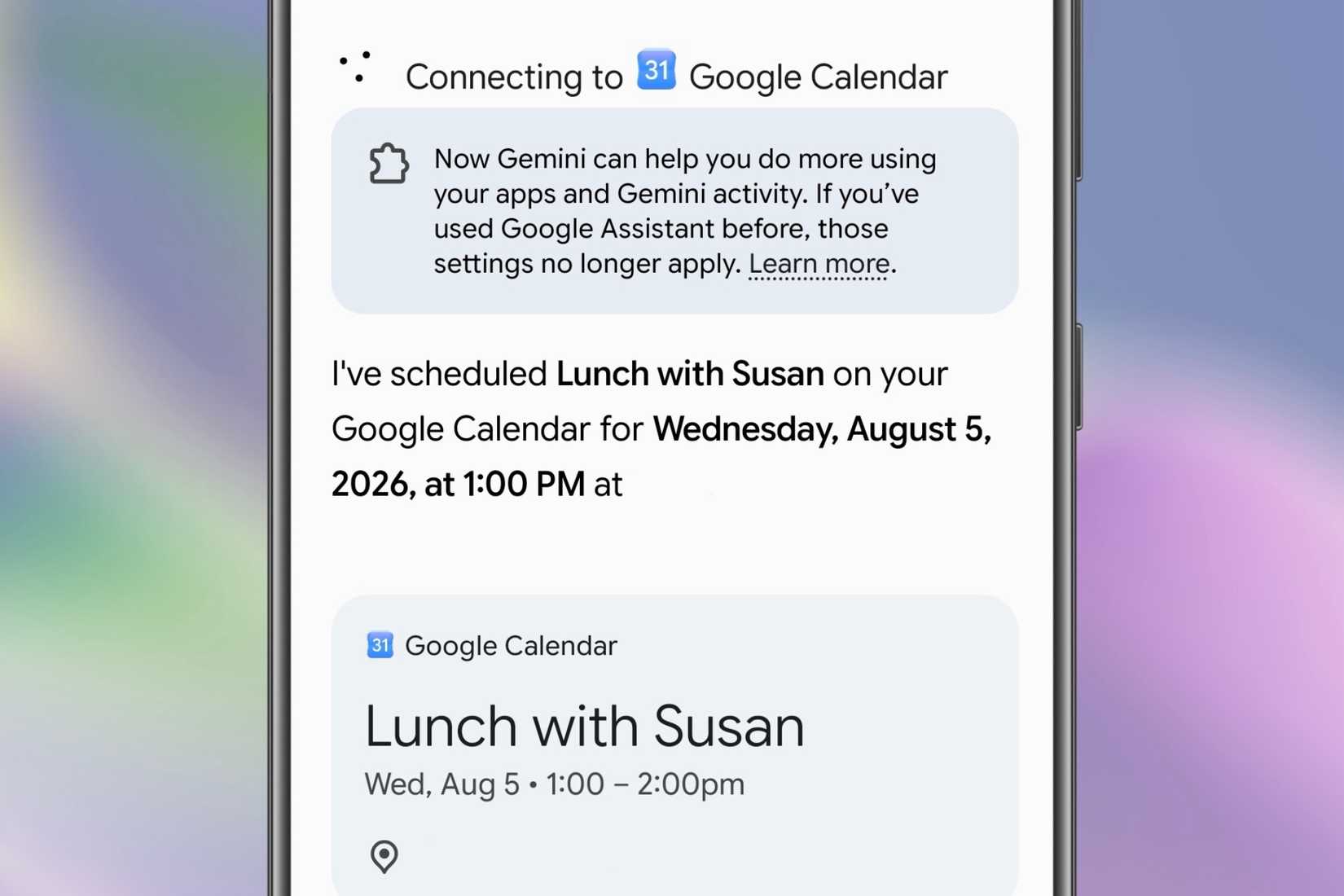Google Calendar event being made in Gemini and shown on an Android device.
