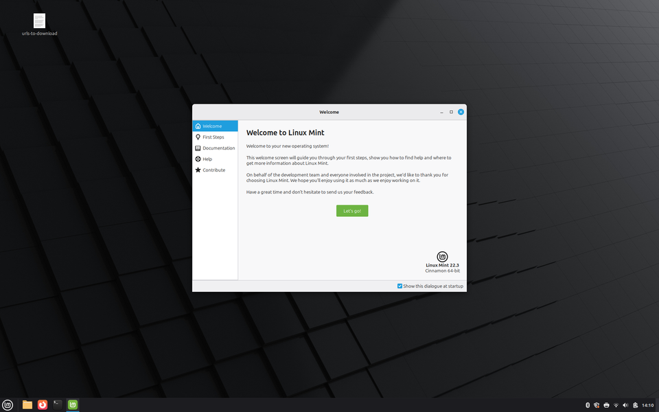 The Linux Mint installer showing a Welcome dialog with a button to begin the process.