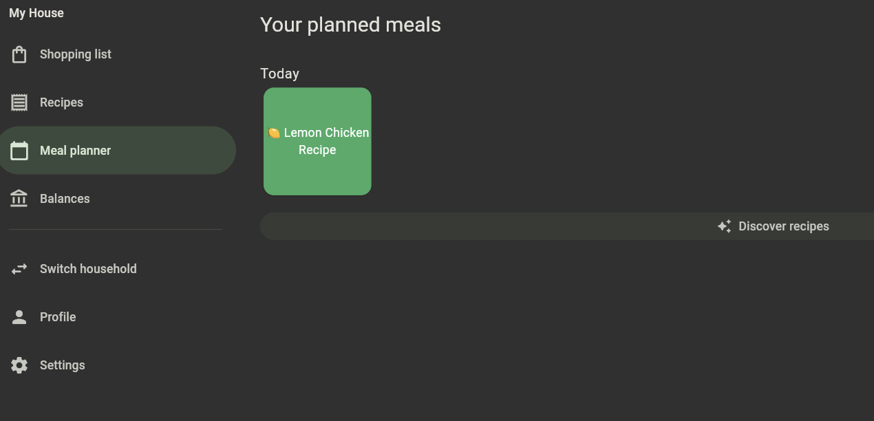 Meal planner in KitchenOwl displaying a recipe.