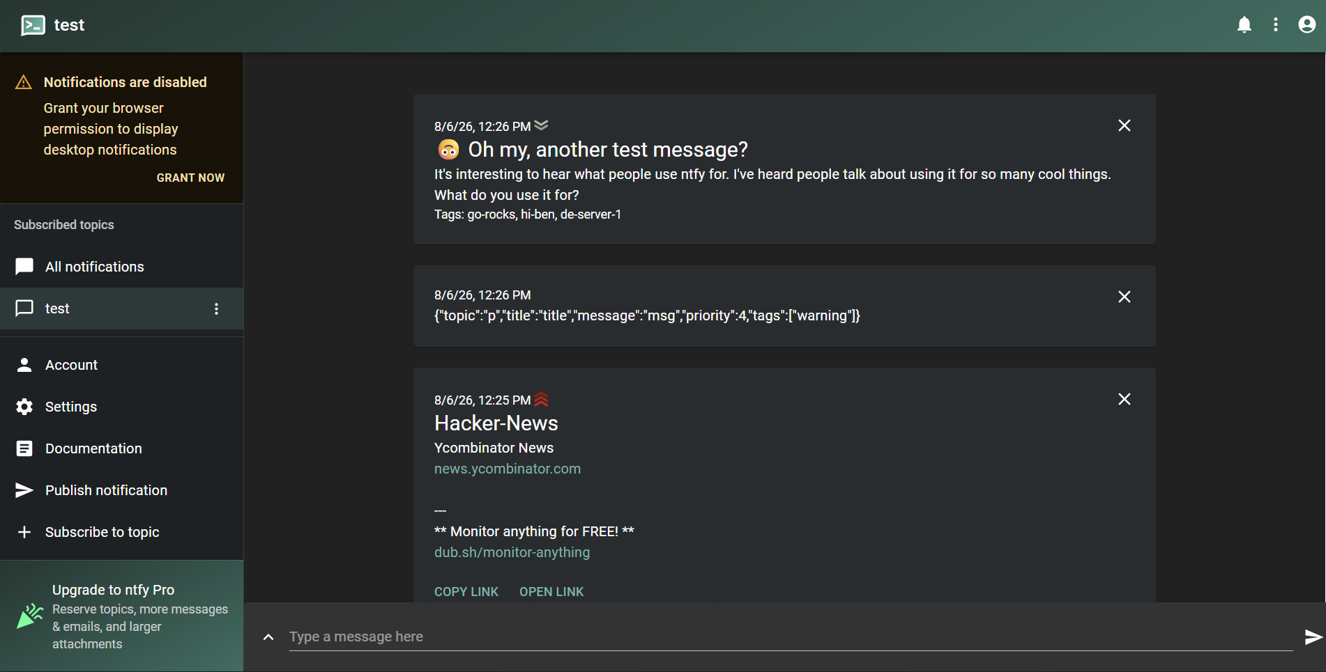 ntfy dashboard displaying different notifications of a subscribed topic.