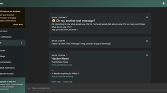 ntfy dashboard displaying different notifications of a subscribed topic.