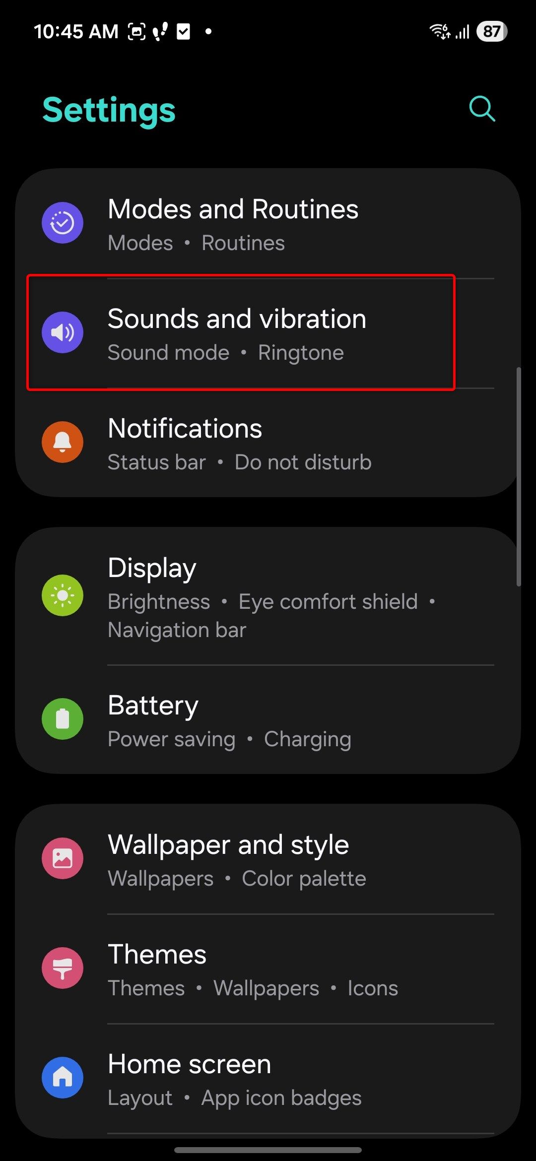 The Main settings menu in One UI.