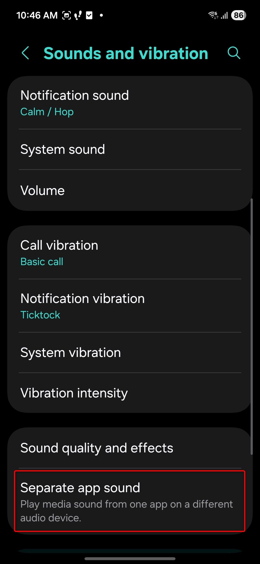 The Sound and vibration menu in the One UI Settings app.