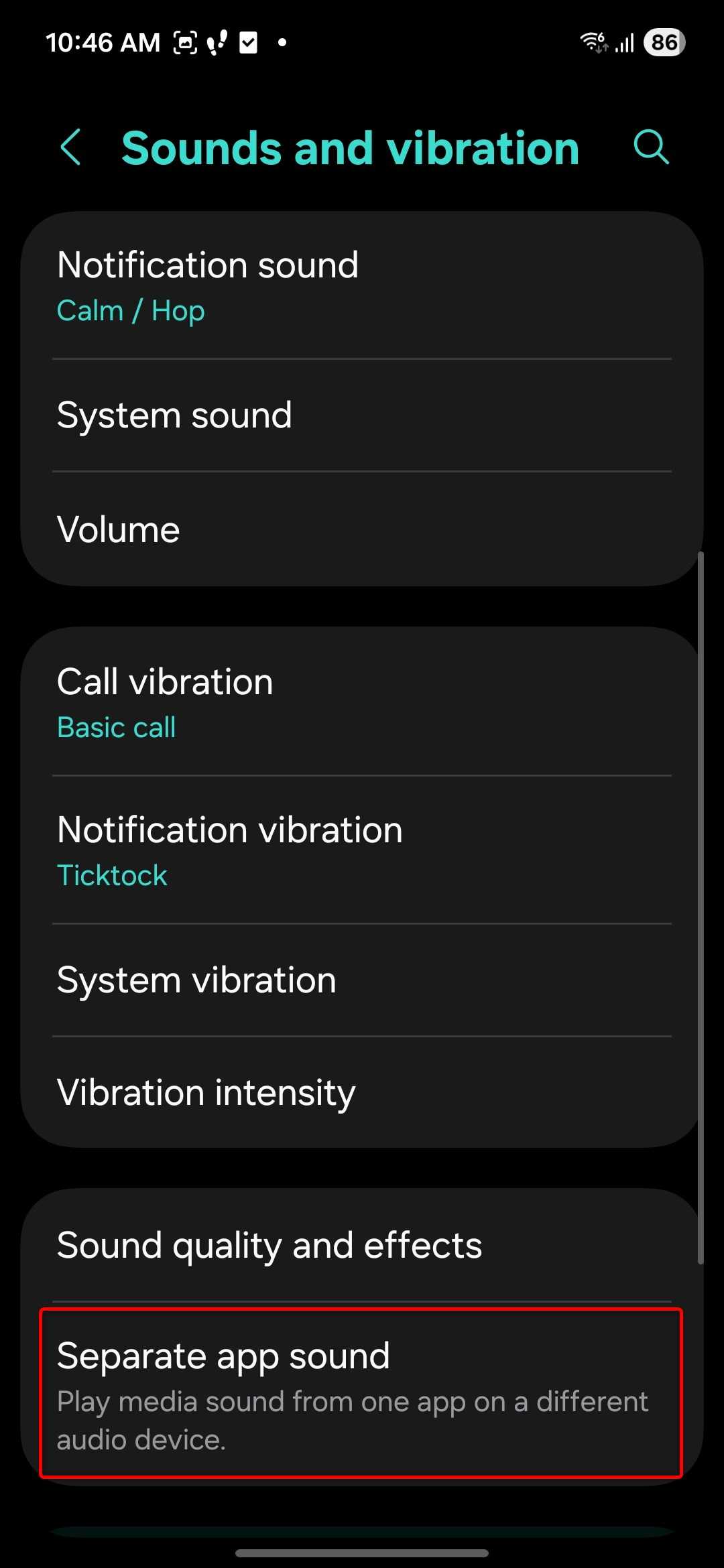 The Sound and vibration menu in the One UI Settings app.