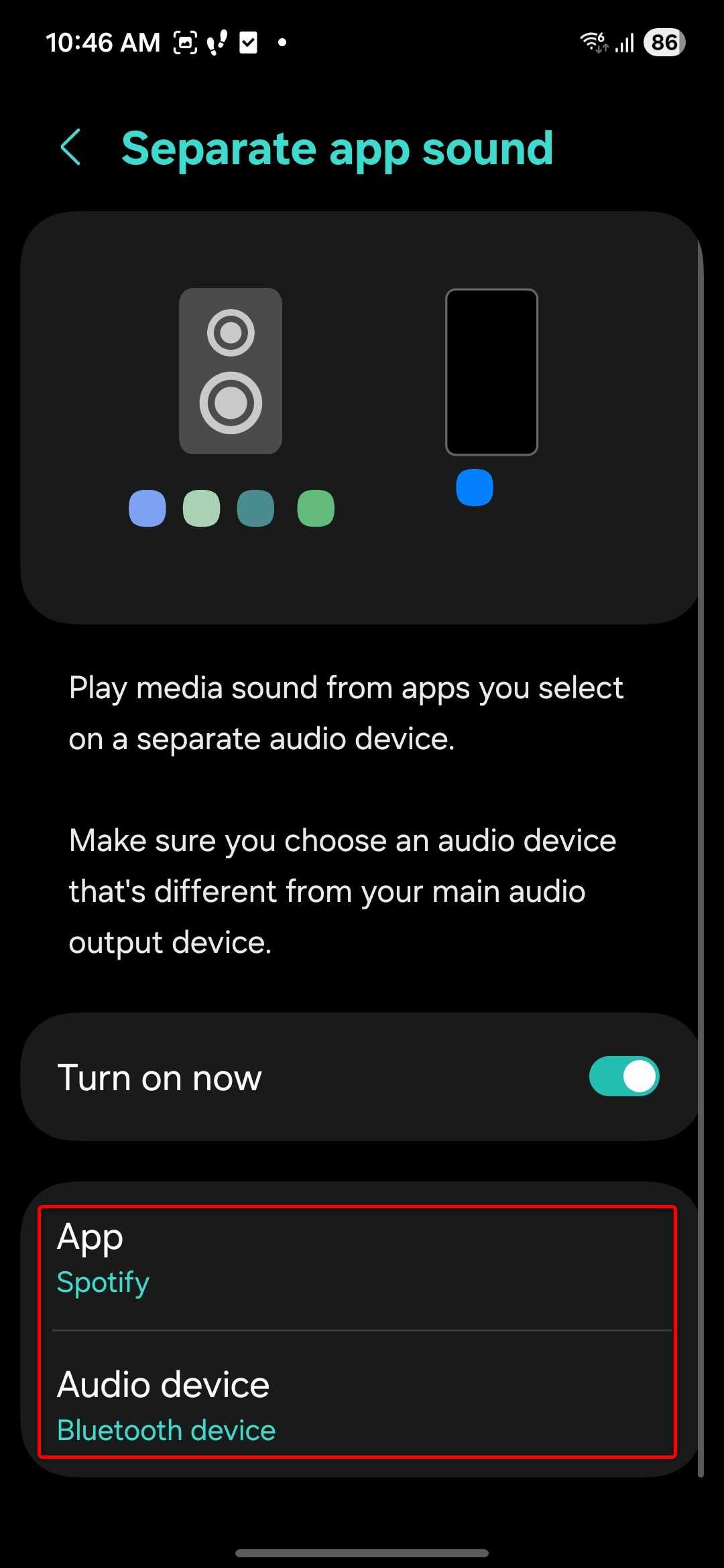 The Separate app sound menu in the One UI Settings app.
