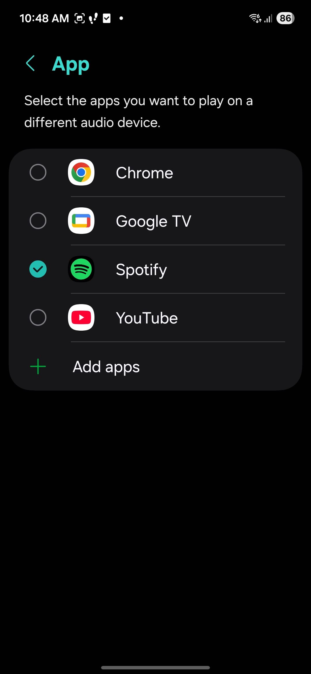 Selecting the app to play on a different audio device in the Separate app sound options menu.