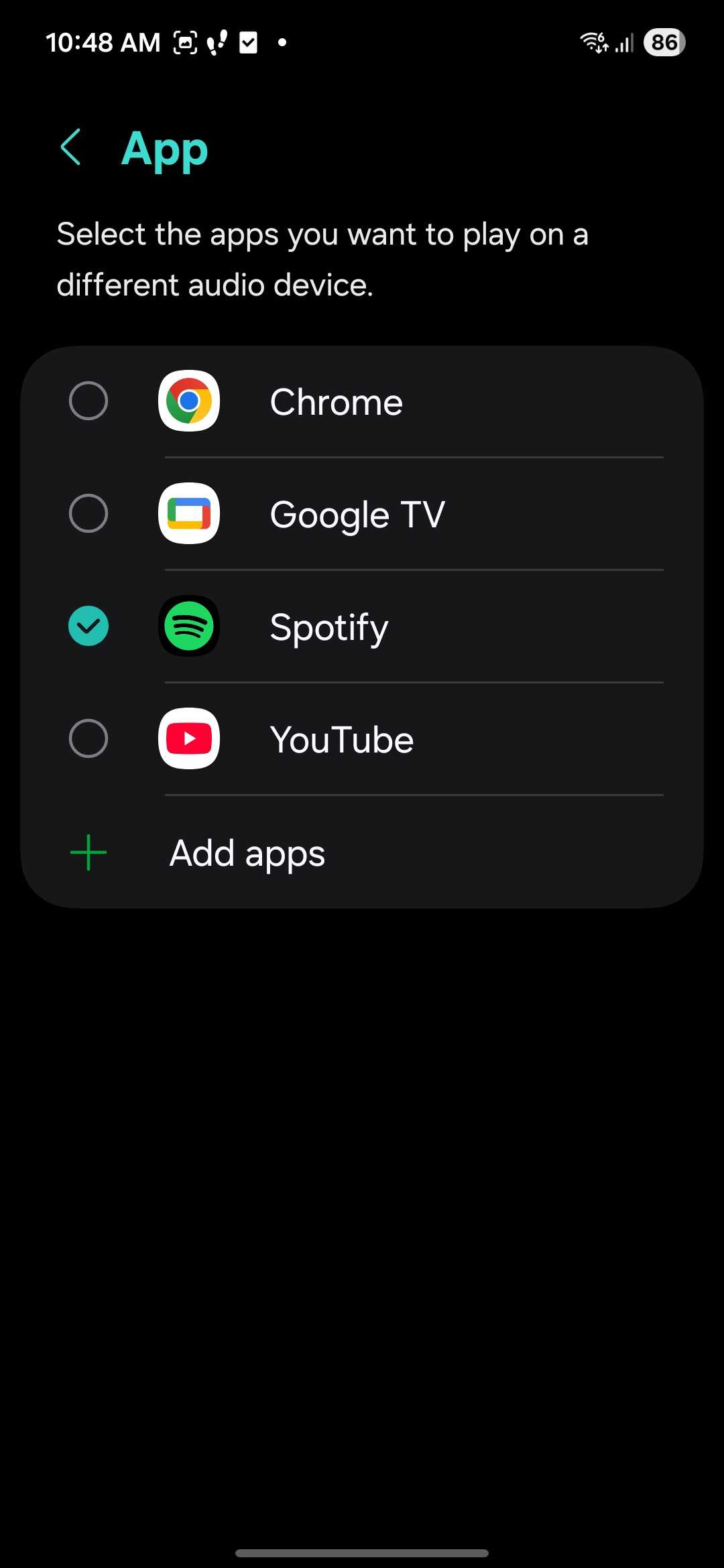 Selecting the app to play on a different audio device in the Separate app sound options menu.