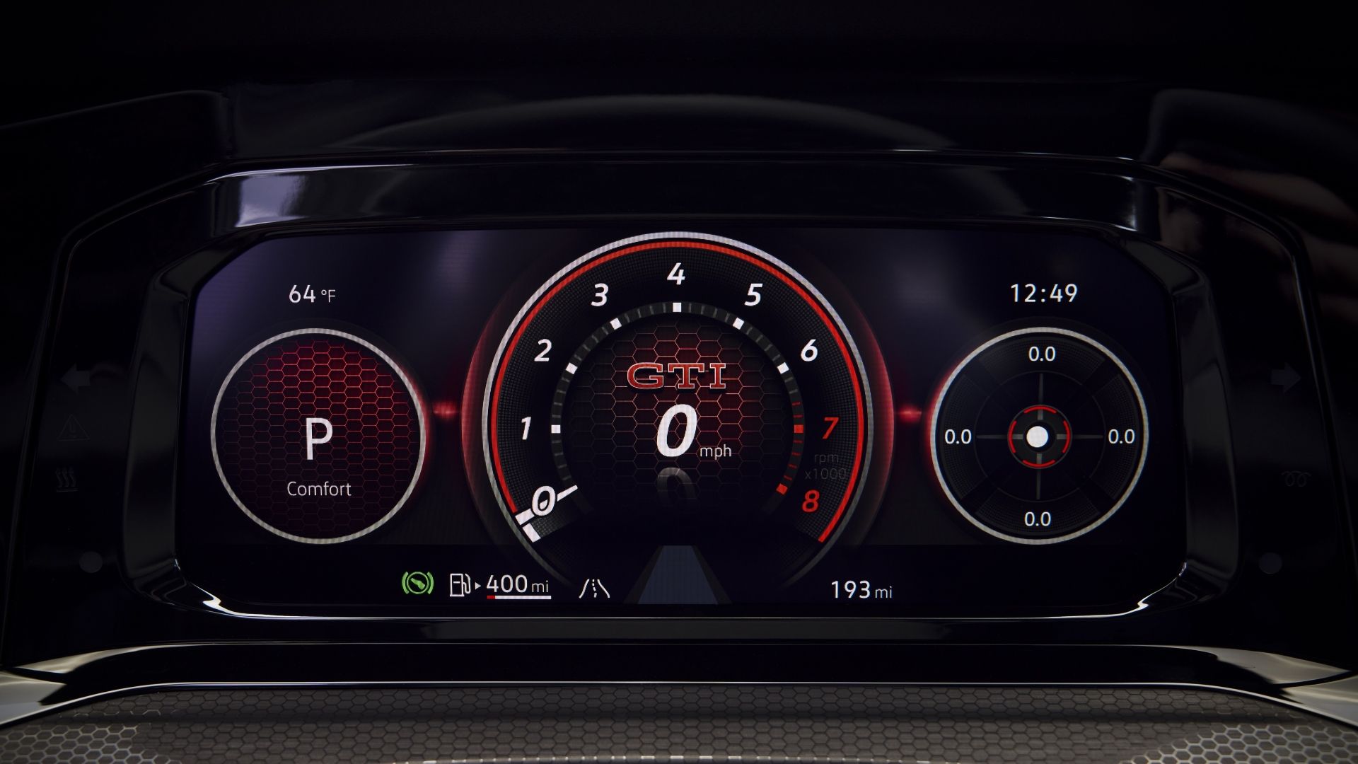 Close up of the digital gauge cluster in a 2022 Volkswagen Golf GTI