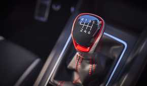 Close up of the manual shifter in a 2022 Volkswagen Golf GTI