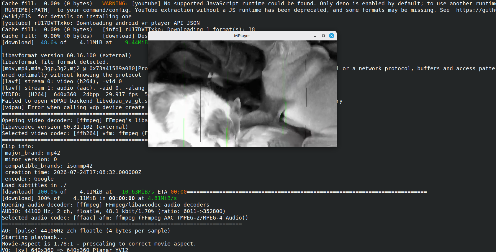 Playing a YouTube video in the Terminal with mplayer.
