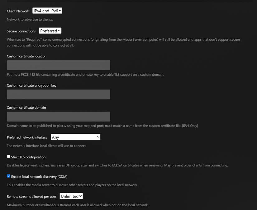 Plex network settings page.
