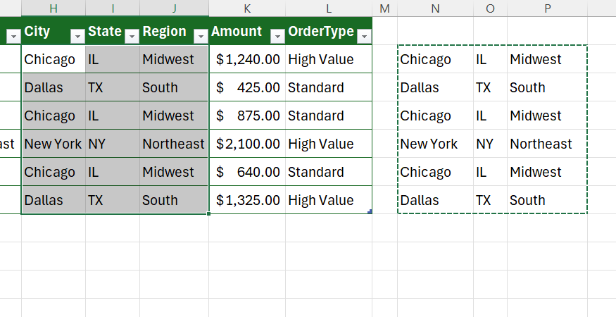 Results of a TEXTSPLIT formula in Excel are pasted as values in three new columns in a table.