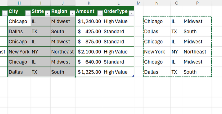 Results of a TEXTSPLIT formula in Excel are pasted as values in three new columns in a table.