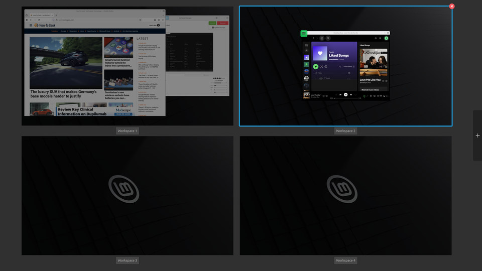 A screenshot of Linux Mint showing multiple workspaces open.