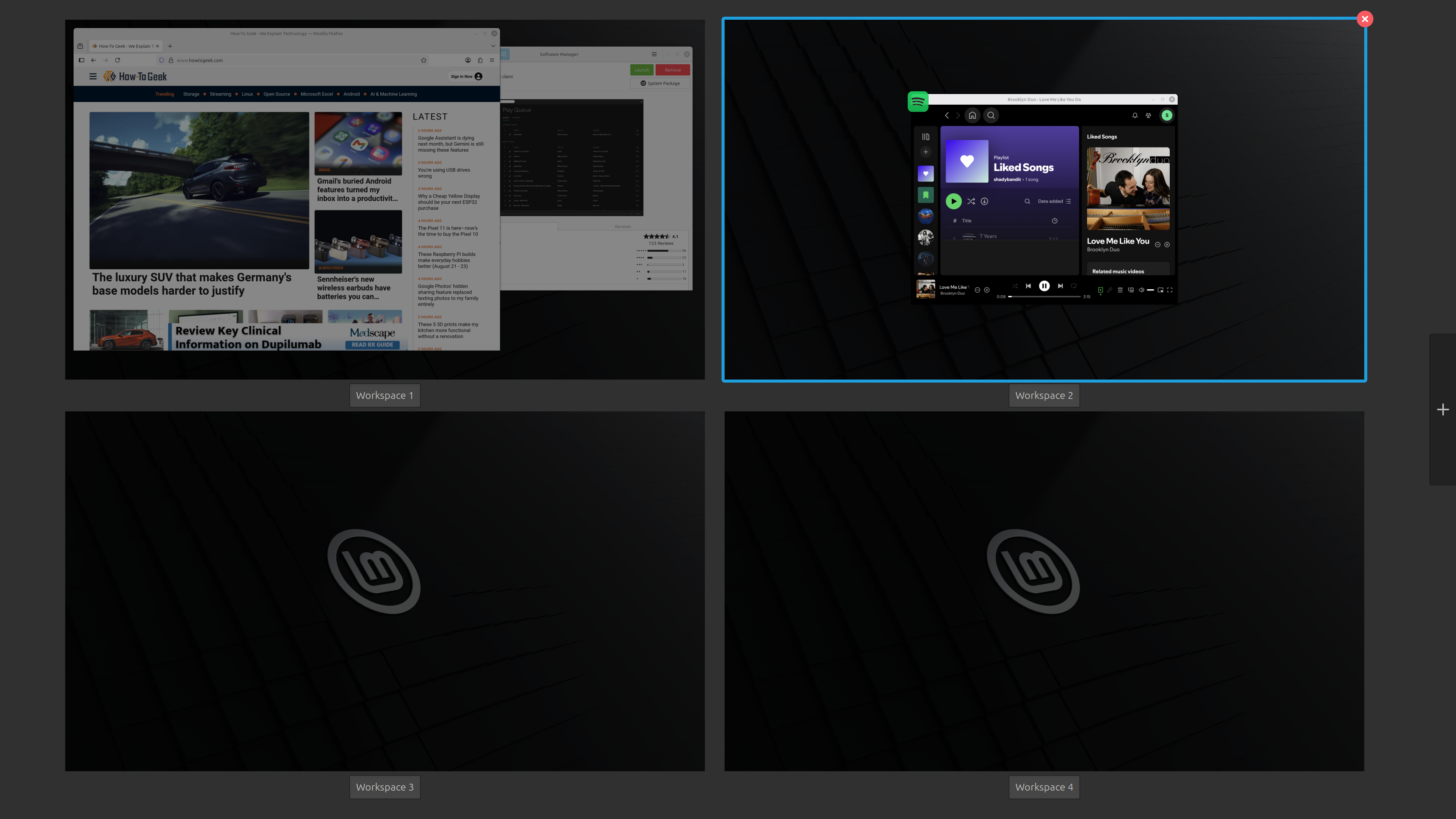 A screenshot of Linux Mint showing multiple workspaces open.