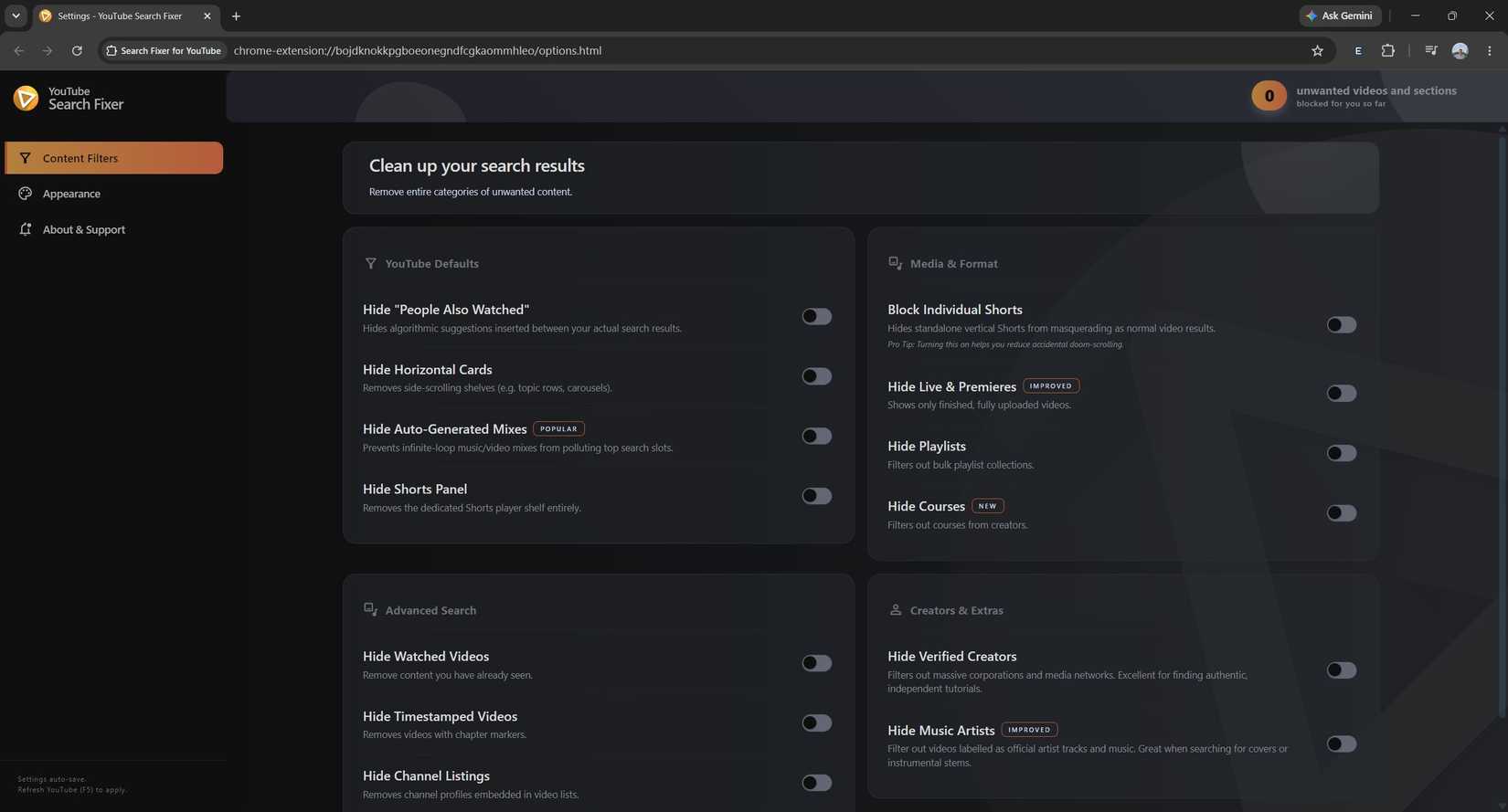 Меню настроек расширения Search Fixer в Google Chrome Options in the Search Fixer for YouTube extension in Chrome.