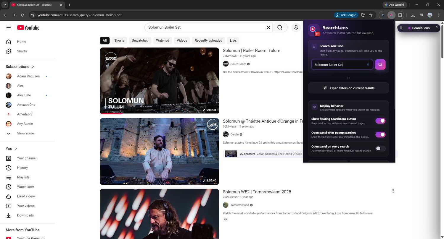 Результаты поиска с расширением SearchLens в браузера Google Chrome A screenshot of search results with the YouTube SearchLens extension on Chrome.