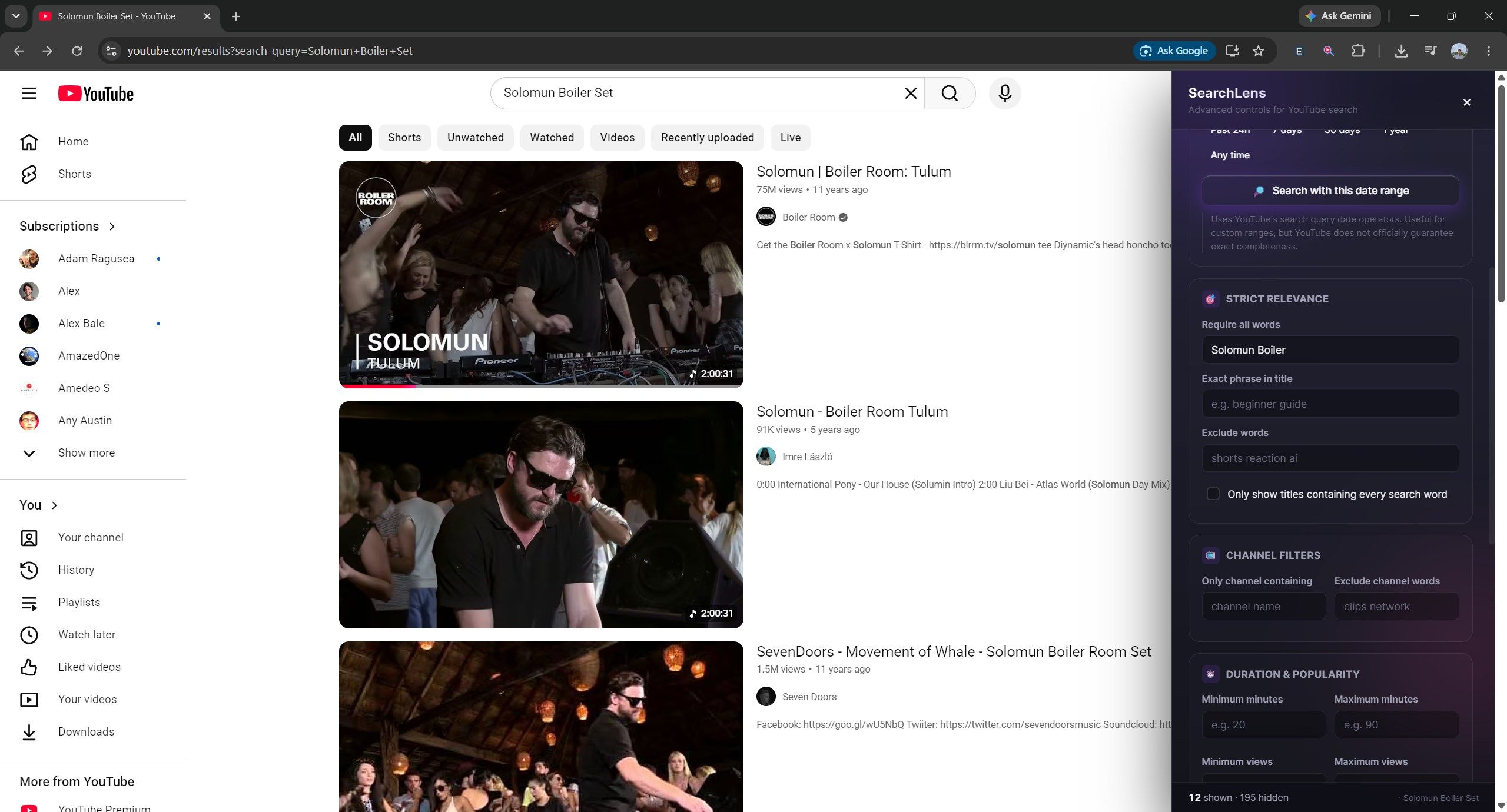 A screenshot of search results with the YouTube SearchLens extension on Chrome.