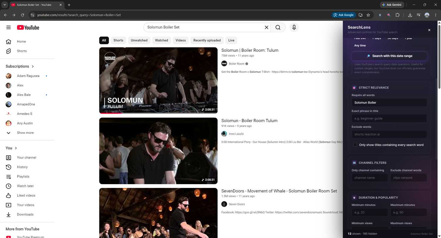 Настройка фильтров даты в SearchLens A screenshot of search results with the YouTube SearchLens extension on Chrome.