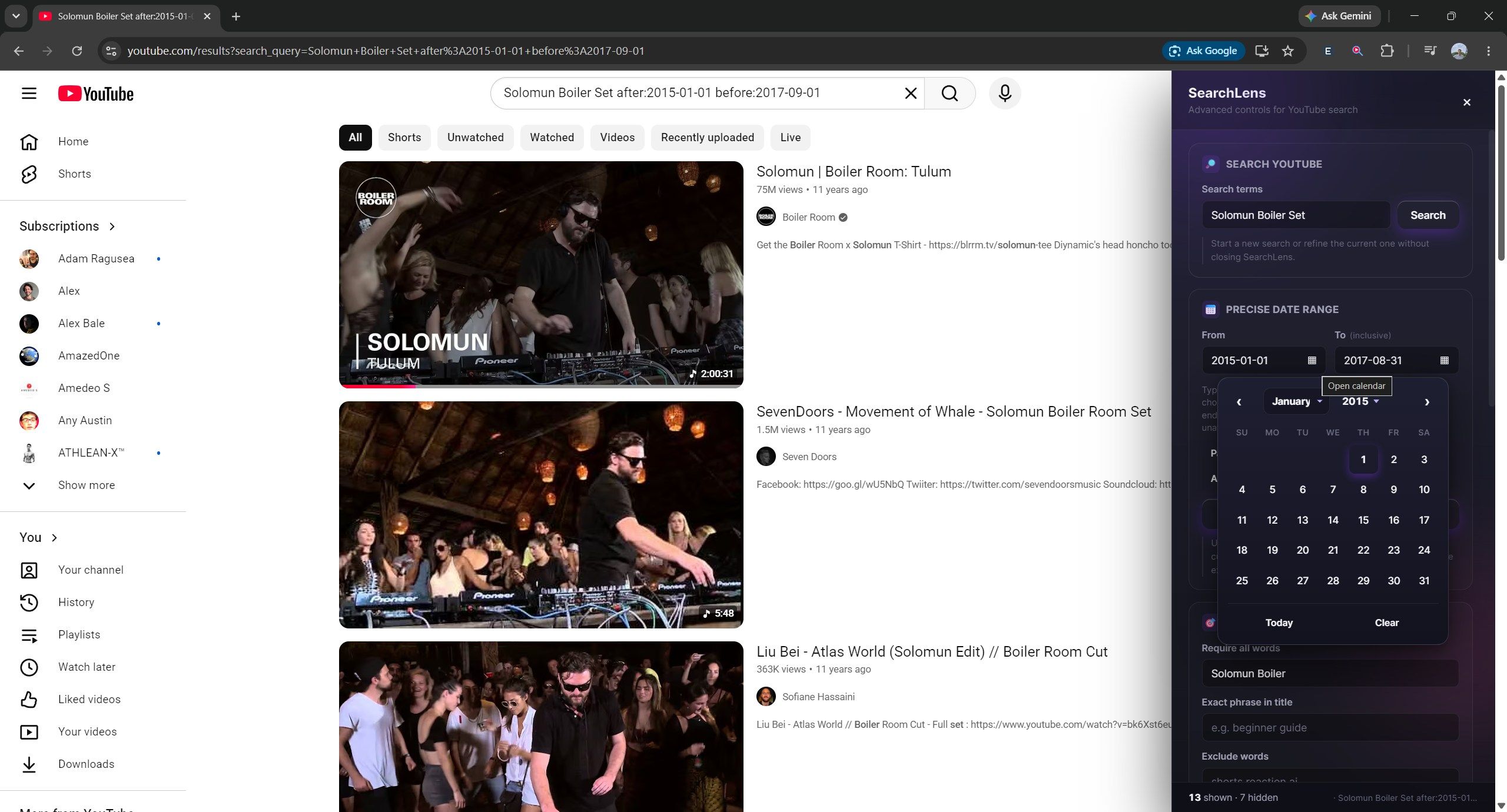 A screenshot of search results with the YouTube SearchLens extension on Chrome.