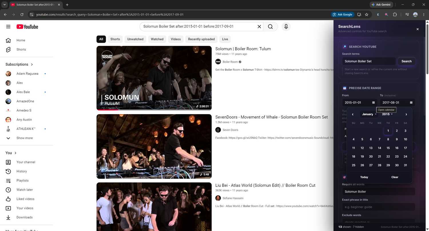 Фильтрация ключевых слов в SearchLens A screenshot of search results with the YouTube SearchLens extension on Chrome.