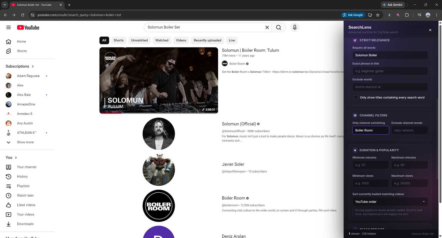 Фильтры длительности и просмотров в SearchLens A screenshot of search results with the YouTube SearchLens extension on Chrome.