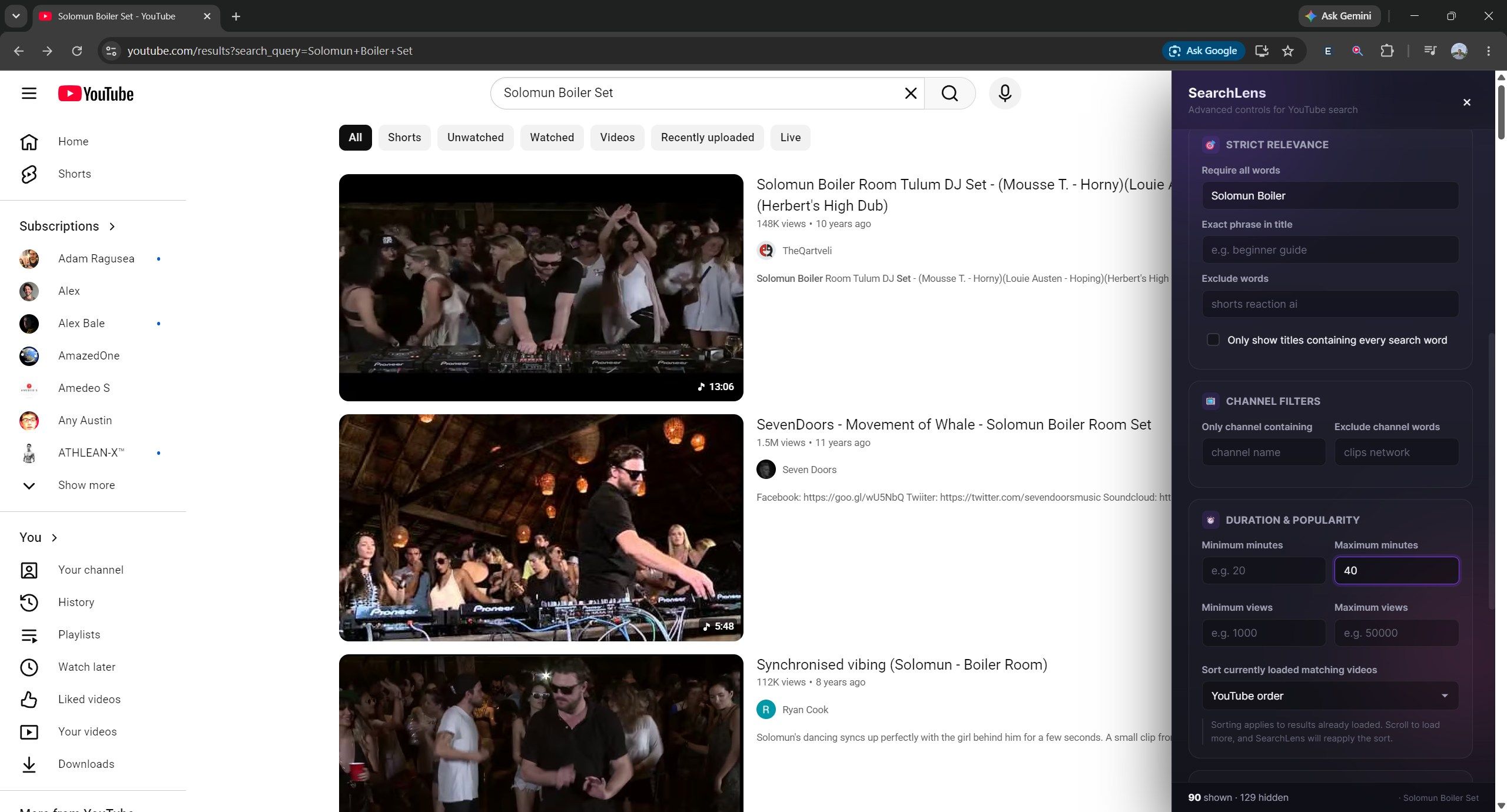 A screenshot of search results with the YouTube SearchLens extension on Chrome.