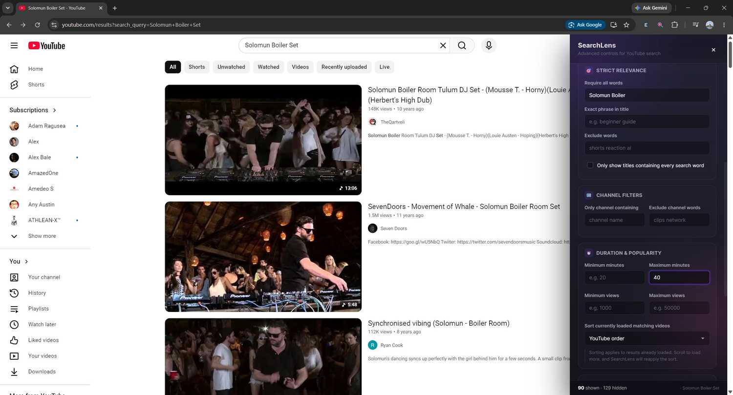 Очистка результатов поиска в SearchLens A screenshot of search results with the YouTube SearchLens extension on Chrome.