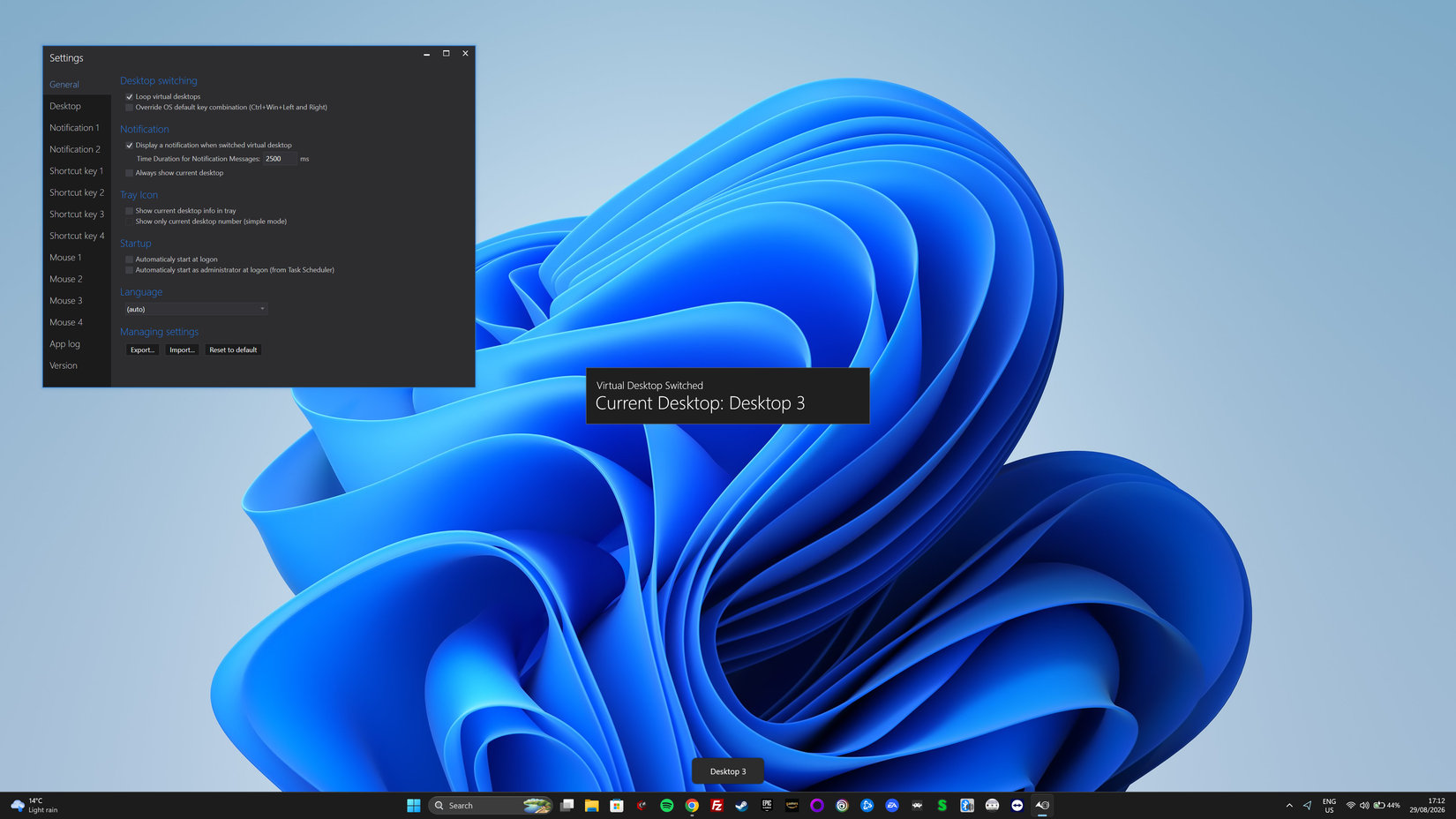 Sylphy virtual desktop switcher settings on Windows 11, with a notification showing that the user has switched to Desktop 3.