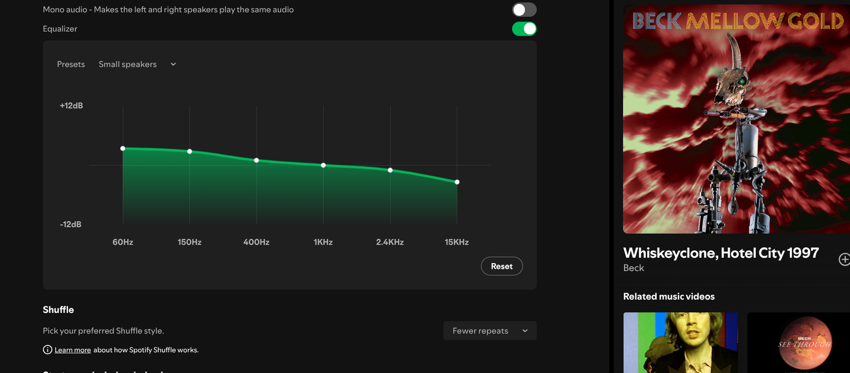 Testing the small speaker setting on Spotify.