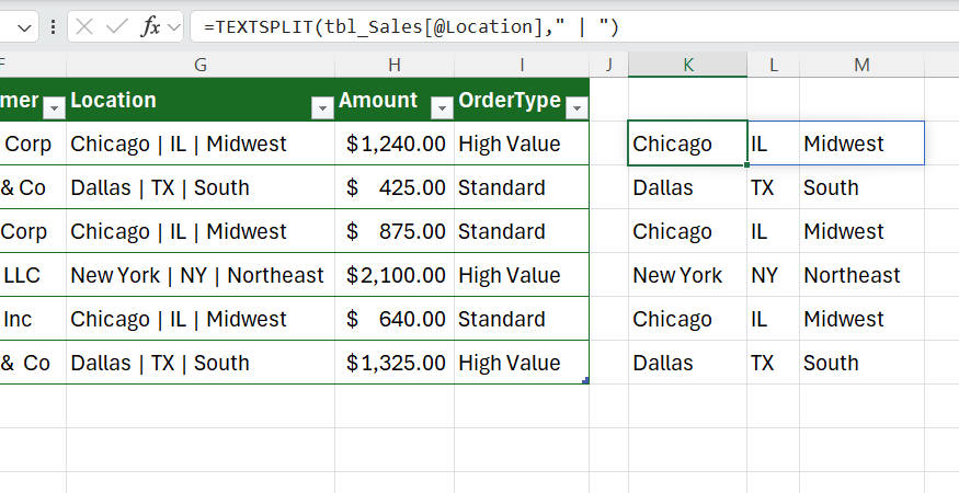 TEXTSPLIT used in Excel to split the city, state, and region in a Location table column into three separate text values.