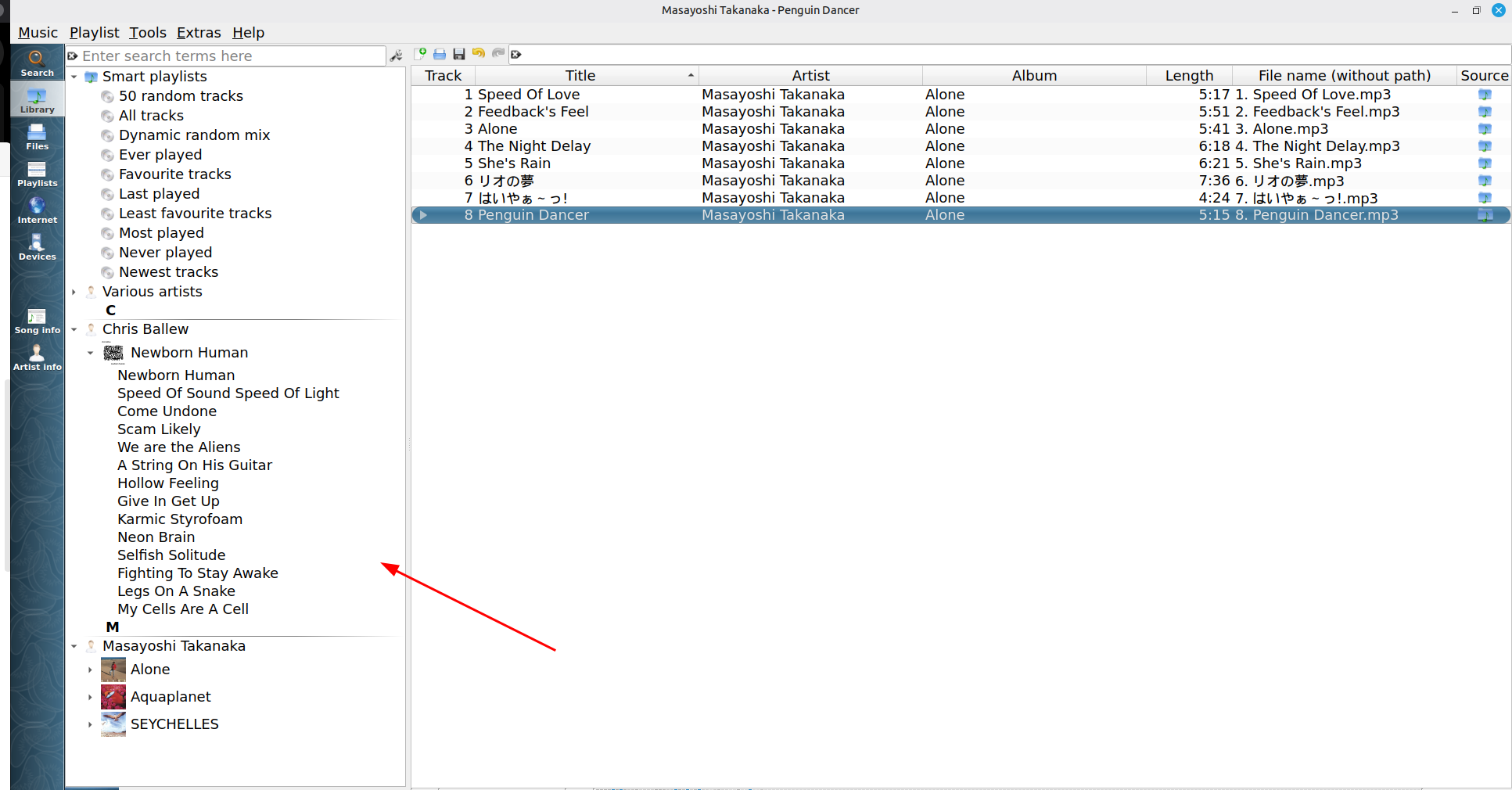 The Clementine app showing an organized music folder.