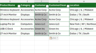 The content of a CustomerClean column, which has all erroneous spaces removed, is pasted over the existing Customer column as values in Excel.