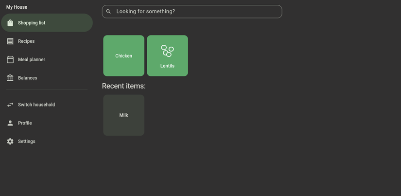 The dashboard in KitchenOwl displaying a shopping list.