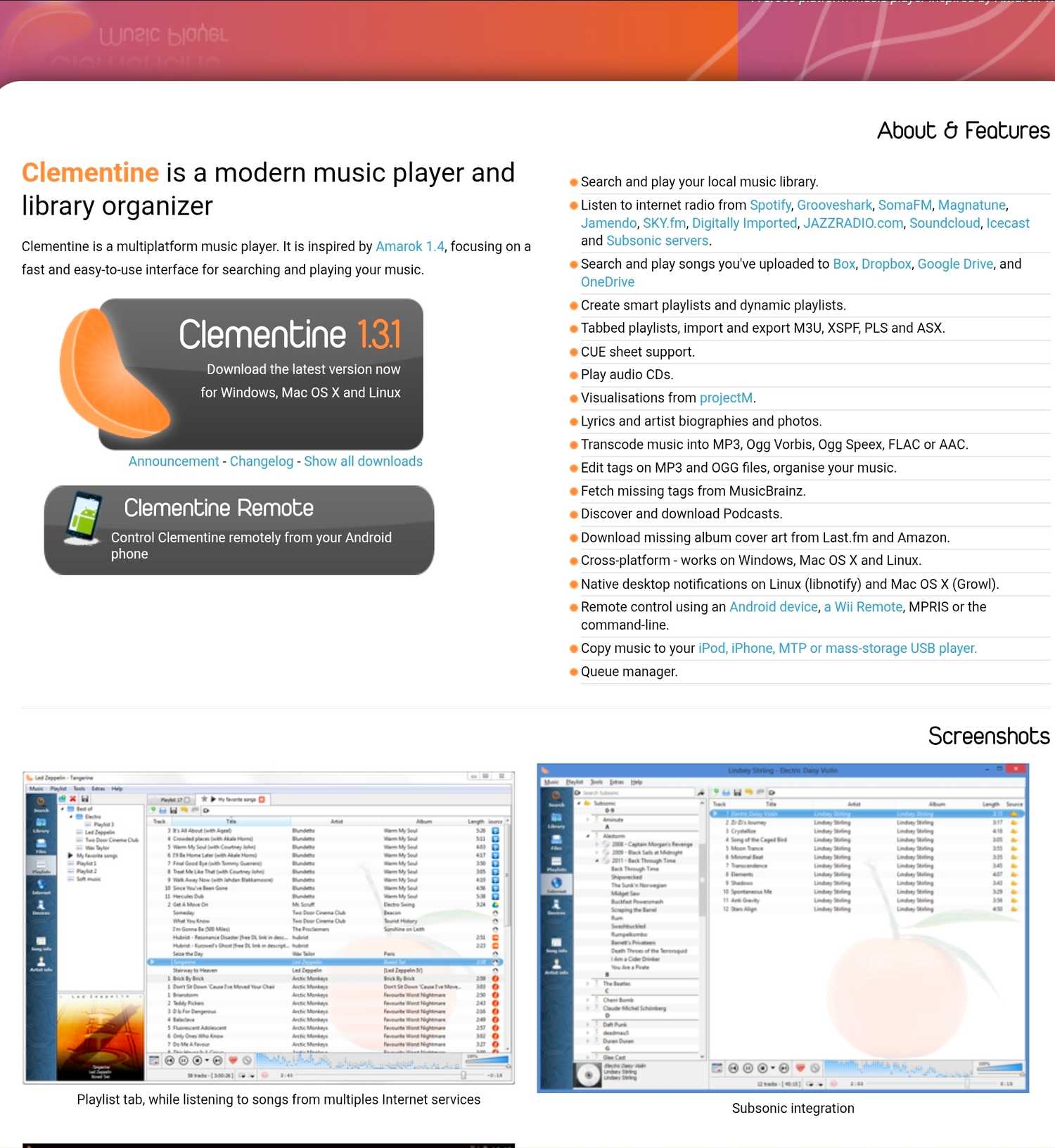 The homepage for the Clementine music player.