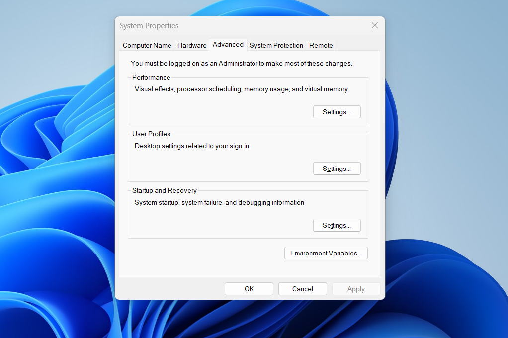 The System Properties window opened and displaying the Advanced tab.