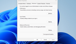 The System Properties window opened and displaying the Advanced tab.