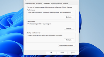 The System Properties window opened and displaying the Advanced tab.