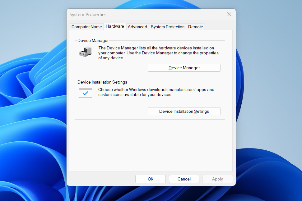 The System Properties window opened and displaying the Hardware tab.