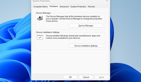 The System Properties window opened and displaying the Hardware tab.