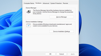 The System Properties window opened and displaying the Hardware tab.